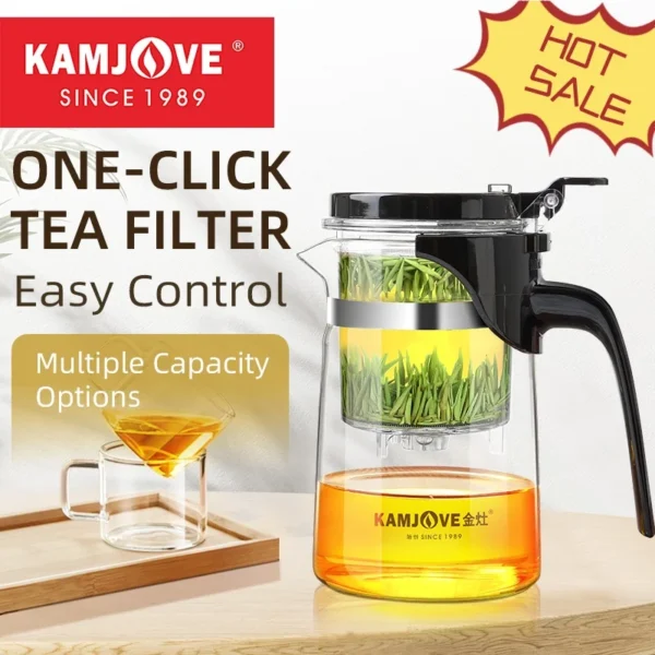 KAMJOVE Glass Teapot Infuser – One-Button Filtering Tea Maker for Tea & Coffee